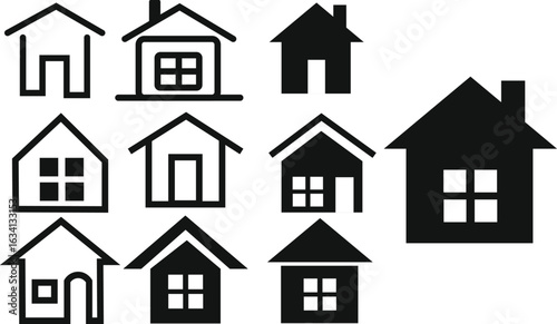 Home icon set for websites and apps. Simple house symbol. Flat real estate icon vector. isolated pictogram in filled, thine line. Isolated vector illustration on white background