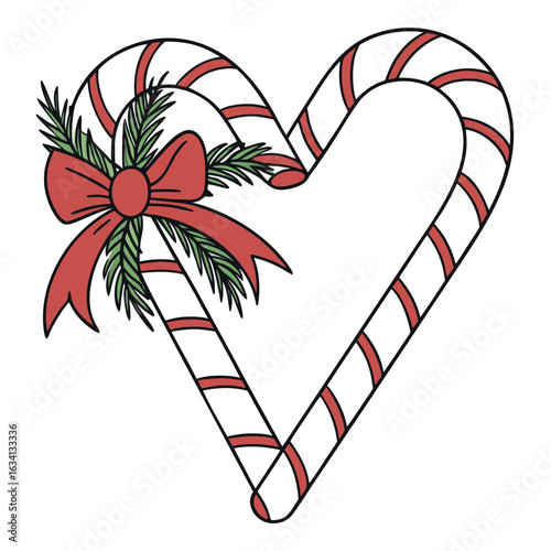 Heart shaped candy cane adorned with a red bow and pine boughs on white