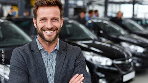 Car dealership employee smiles proudly in front of a lineup of black vehicles during a busy sales event