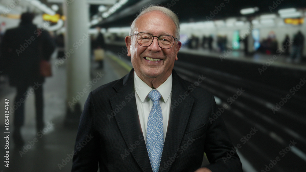 Fototapeta premium Senior man in suit giving thumbs up and pointing in a busy train station showing enthusiasm and positivity indoors.
