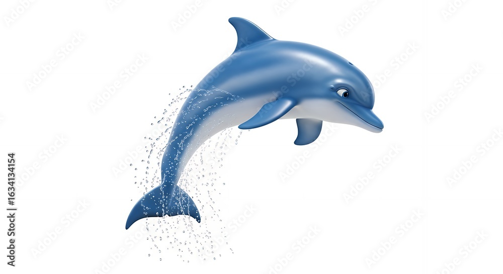 Fototapeta premium 3D Render of a Friendly Blue Dolphin Jumping Out of Water with Splashes, Isolated on White