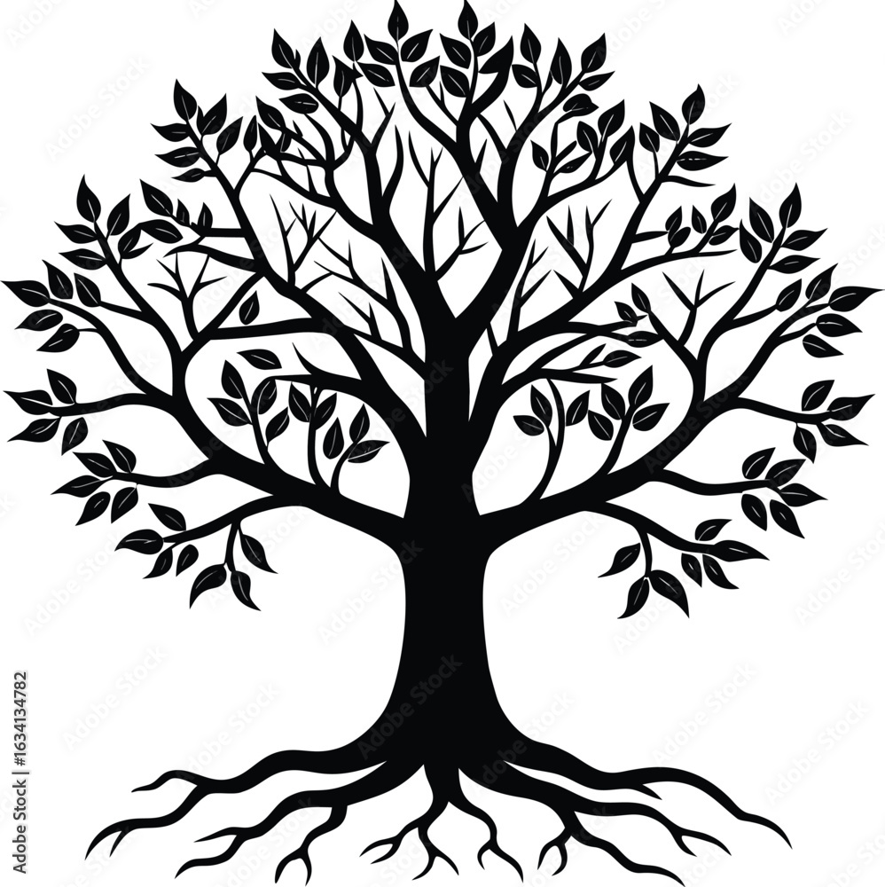 Obraz premium Tree silhouette vector. Tree with roots. Tree logo, icon vector illustration.. black and white tree.