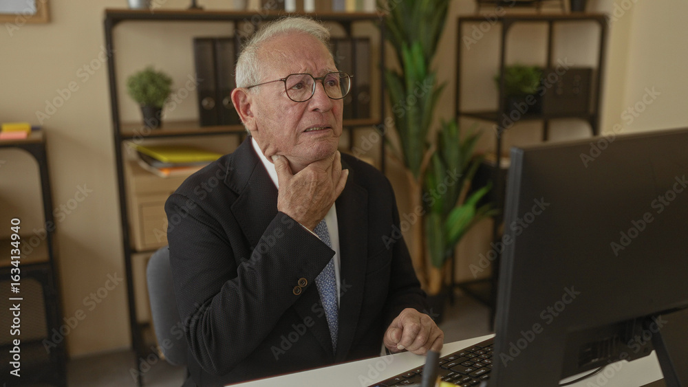 Senior man in suit sitting at desk in office appears unwell touching throat and coughing at computer while working interior business room setting indoor workplace environment Senior man in suit sitting at desk in office appears unwell touching throat and coughing at computer while working interior business room setting indoor workplace environment