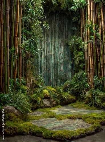 Serene bamboo forest scene featuring lush green foliage and a moss-covered stone platform, creating a tranquil and natural atmosphere.