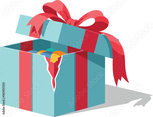 Partially Opened Gift Box with Red Ribbon and Torn Side Revealing Colorful Contents - Illustration