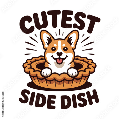 A cartoon corgi puppy happily sits inside of a decorated baked pie tshirt design