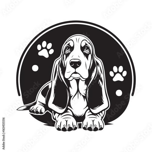 Vector art of adorable basset hound illustration in black and white perfect for logo designs and pet related projects featuring this lovely dog