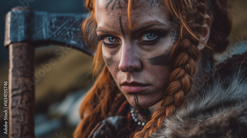 A female viking shield maiden woman carrying a battle axe, with face tattoos and braided red hair, in a realistic photo portrait style.