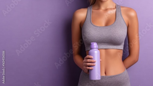 Fitness enthusiast holding water bottle studio lifestyle image purple background close-up healthy living