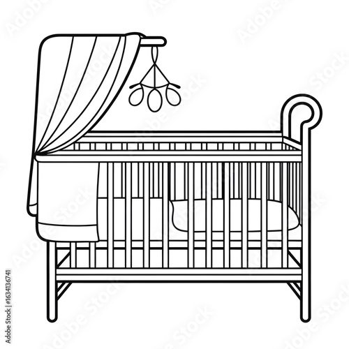 A black and white cot crib illustration line art of a coloring page