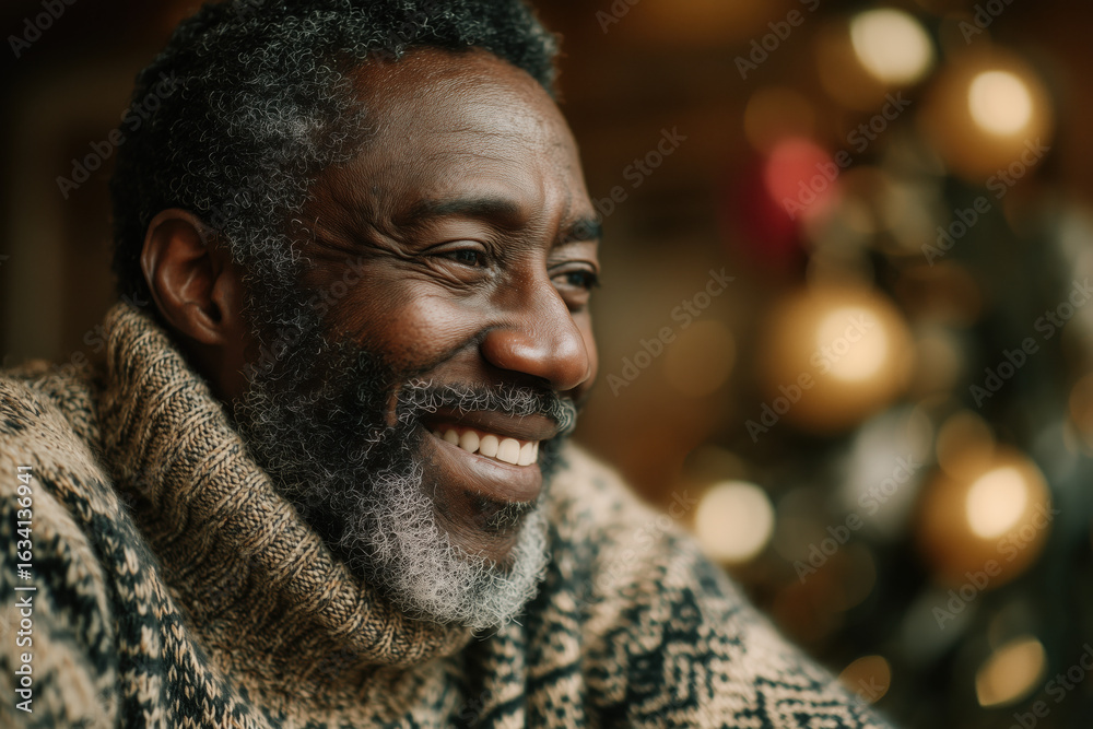 Fototapeta premium older Black man in a cozy sweater laughing at a holiday gathering, blurred Christmas tree and ornaments in background