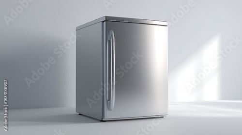 Modern small fridge in metallic grey with clean lines shown clearly on white surface. Ideal for electronics branding, product photography, and minimalist ads. 
