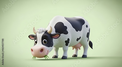 Cute cartoon 3D cow with black and white spots eating fresh green grass on a soft pastel green background.