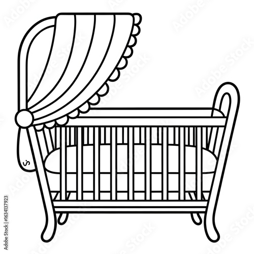 A black and white cot crib illustration line art of a coloring page
