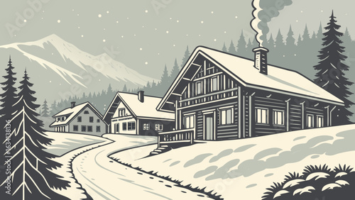A winter scene with cabins nestled in a snowy landscape with mountains and pine trees in the background created with generated ai