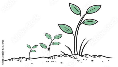 Illustration showing the growth stages of a plant from seedling to mature plant in the soil line created with generated ai
