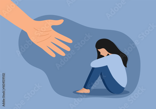 Human hand helps unhappy and sad young girl in depression sitting, lonely woman hugging knees with confused on mind, sorrow, mental health concept vector illustration.