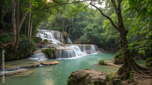 Lush tropical waterfall cascading through verdant forest