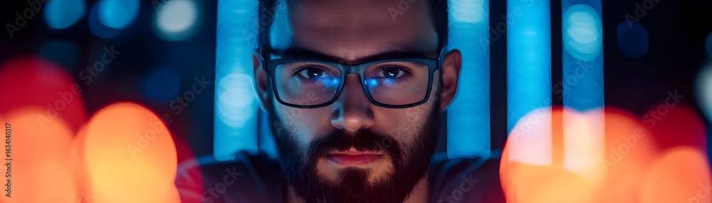 A focused man with glasses gazes intensely at digital screens, surrounded by colorful lights A focused man with glasses gazes intensely at digital screens, surrounded by colorful lights