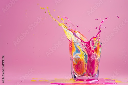 High Resolution Picture of Vibrant Paint Pouring Into Glass on Pink Background