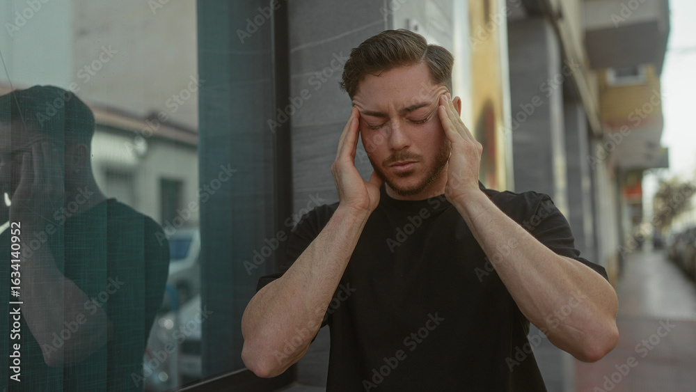 Obraz premium Young man with beard standing on a city street appearing stressed as he holds his head in his hands outdoors with an urban backdrop.