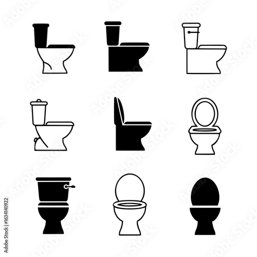 Assortment of Black and Outline Silhouette Icons Depicting Toilets in Different Styles and Perspectives for Bathroom and Sanitary Concepts
