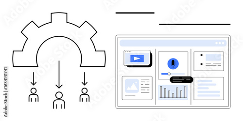 Gear mechanism distributing resources to team members with a dashboard showcasing charts, media, and analytics. Ideal for teamwork, automation, project management, data sharing, analytics, workflow