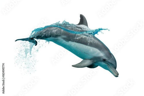 Dolphin isolated on a white background, water coming from the dolphin isolated, white background