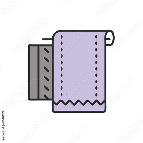Rolled purple fabric on a spool with visible stitching detail  