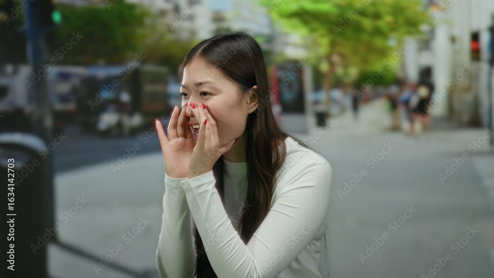 Woman shouting on urban street in daytime city setting surrounded by vehicles and greenery, wearing white long-sleeve top, showcasing lively outdoor environment. Woman shouting on urban street in daytime city setting surrounded by vehicles and greenery, wearing white long-sleeve top, showcasing lively outdoor environment.