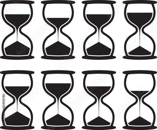 Black hourglasses with varying sand levels time measurement