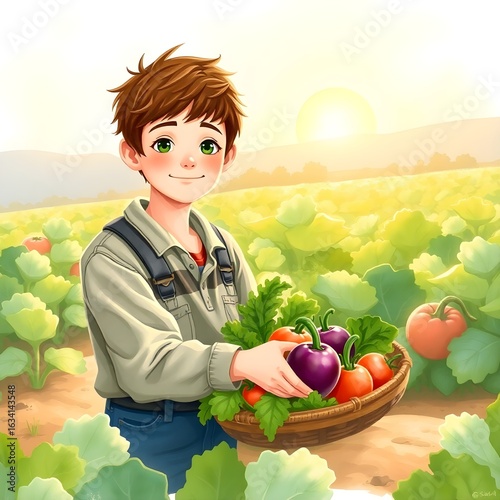 A child in the farm field holding a basket of harvested vegetables 