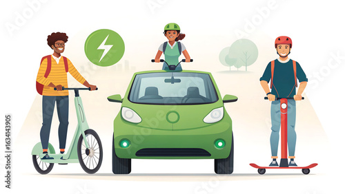 Diverse Individuals Enjoying Eco Friendly Transportation Options Electric Car Scooter and Bike Share Service with Modern Design