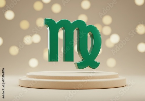 Green virgo zodiac symbol floating above wooden display stand with bokeh lights