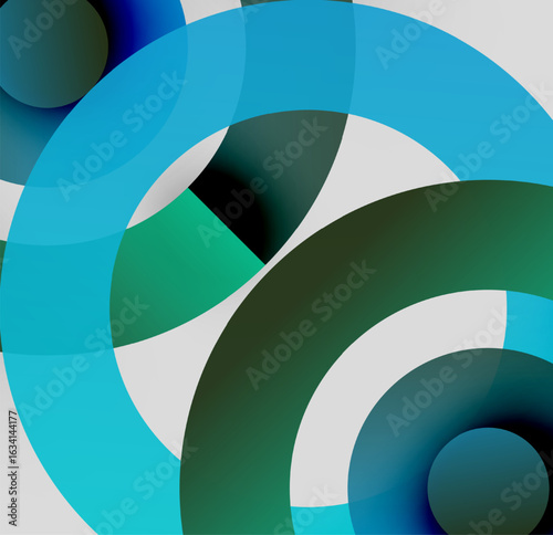 Abstract circles overlap, creating dynamic visual effect. Colors include teal, green, white, dark shades. Modern design.