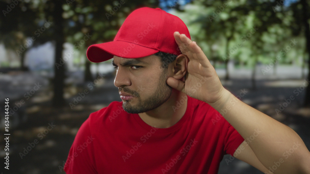 Fototapeta premium Delivery man in red uniform cups hand behind ear while tilting head in green outdoor park during daylight while listening intently; attentiveness.