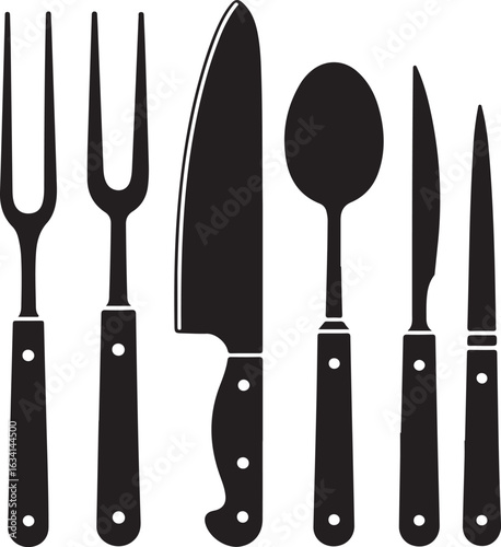 Black kitchen utensils arranged cutlery kitchenware