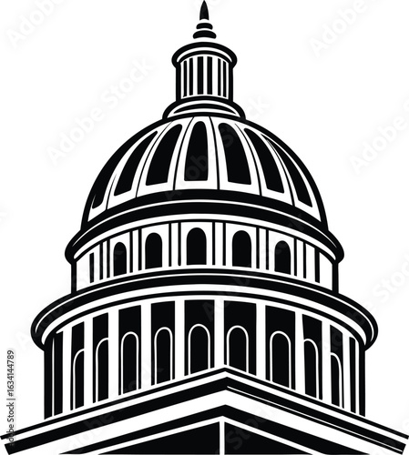 Black and white architectural dome with columns and spire architecture building