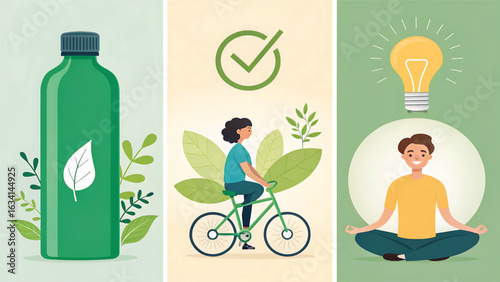 Eco friendly lifestyle concepts featuring a reusable bottle cycling and mindfulness for a sustainable future and environmental awareness campaign