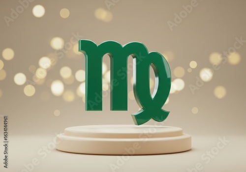 Green virgo zodiac symbol displayed on a wooden pedestal with bokeh lights