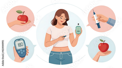 Diabetes Management and Healthy Lifestyle Choices Illustration with Glucometer Insulin Syringe and Fresh Apple Diet
