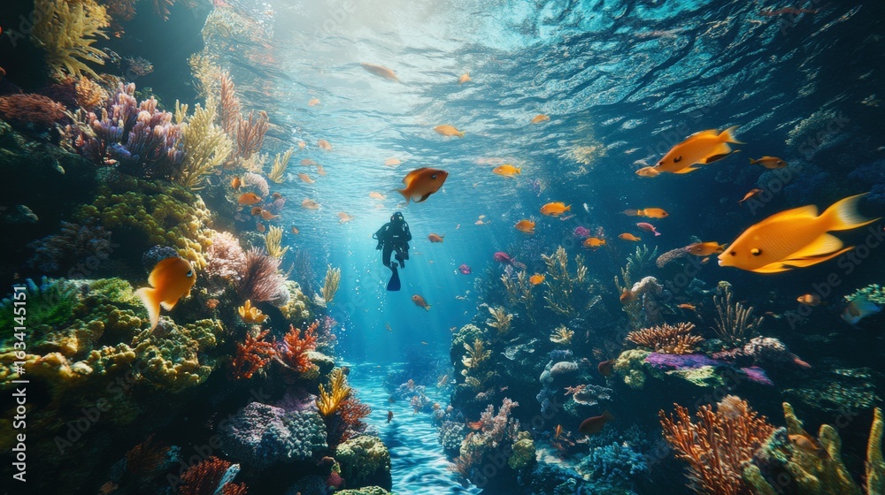 Naklejka premium Vibrant coral reef teeming with colorful fish and a diver.