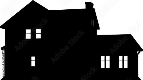 "Silhouette of a two-story gabled house with traditional architecture, centered in the frame with no visible shadows or light sources."