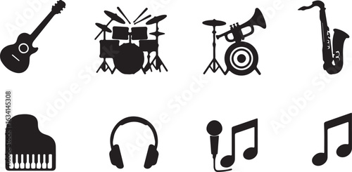 Musical Instruments and Symbols Silhouettes on White Background guitar acoustic guitar