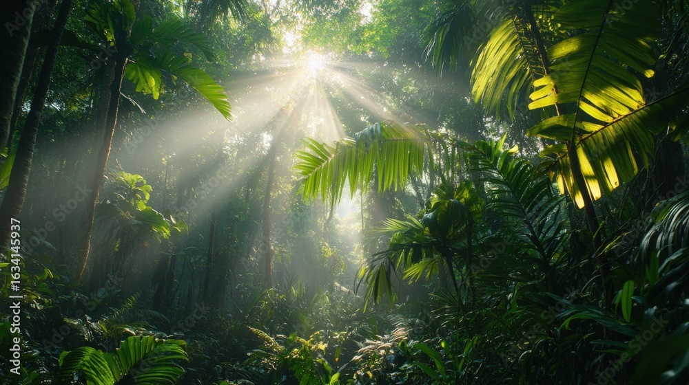 Fototapeta premium Sunlight streams through a lush tropical forest.