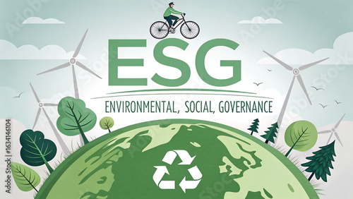 ESG Environmental Social Governance Concept Illustration Showing Sustainability and Renewable Energy with a Person Biking on Top of the Letters