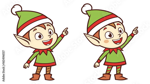 Festive Christmas Elves Cartoon Characters Pointing Upwards with Cheerful Expressions ready to deliver presents for the holiday season