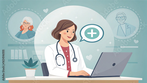 Female doctor providing telemedicine consultation to senior patients online using laptop offering remote healthcare