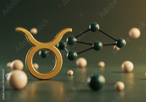 Golden taurus zodiac symbol with molecular structure and spheres