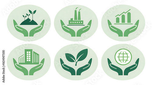 Green Energy Sustainable Development and Corporate Social Responsibility Icons in a Circle with Hands Symbolizing Care and Protection